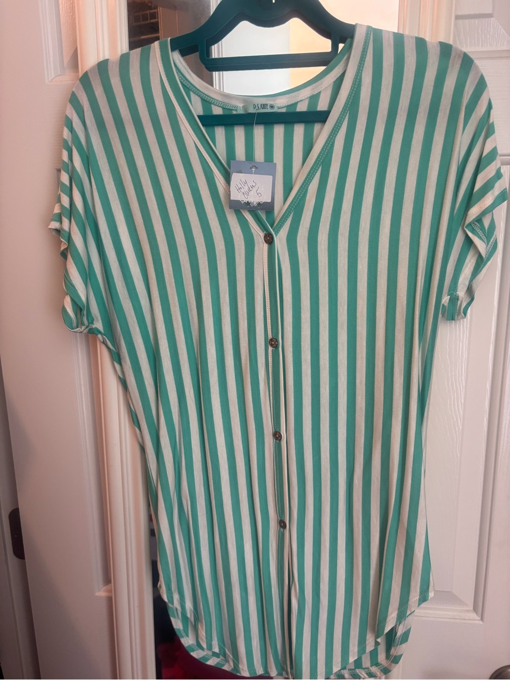 Women’s Striped Button-Down Top in Teal and White